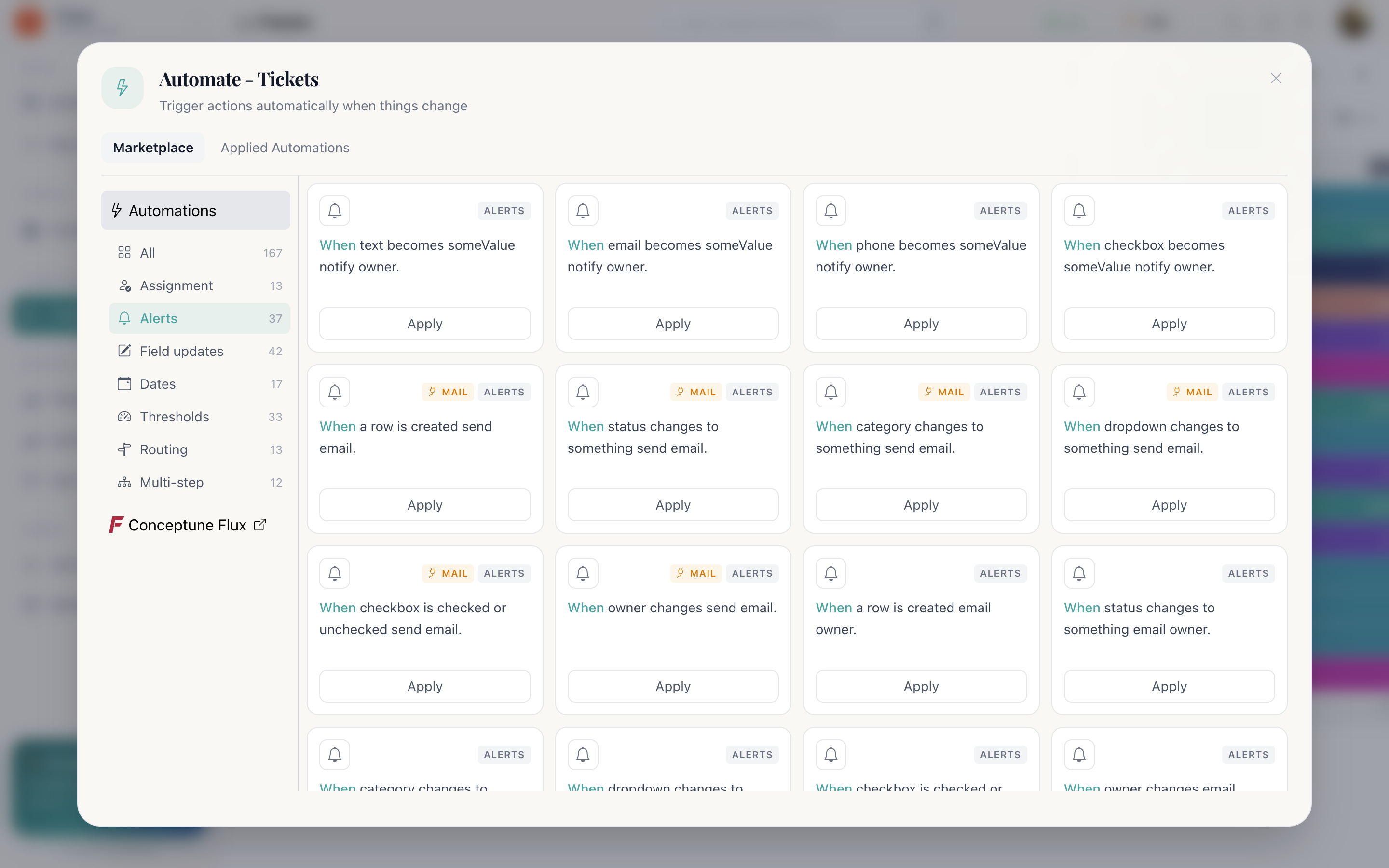 The automation marketplace browsing the Assignment category, with recipe sentences listed and a search box above them