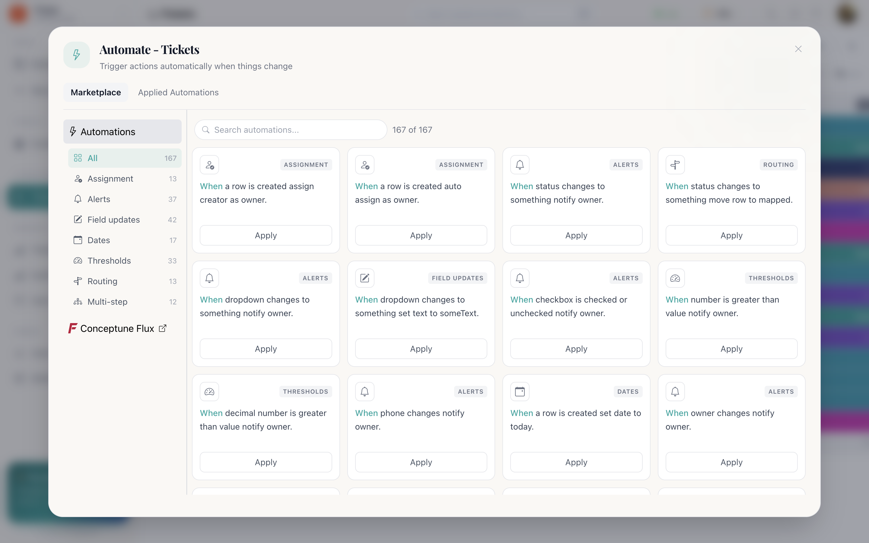 The automation marketplace dialog with category filters down the left, recipe sentences listed in the middle, and the blanks of a selected recipe being filled on the right