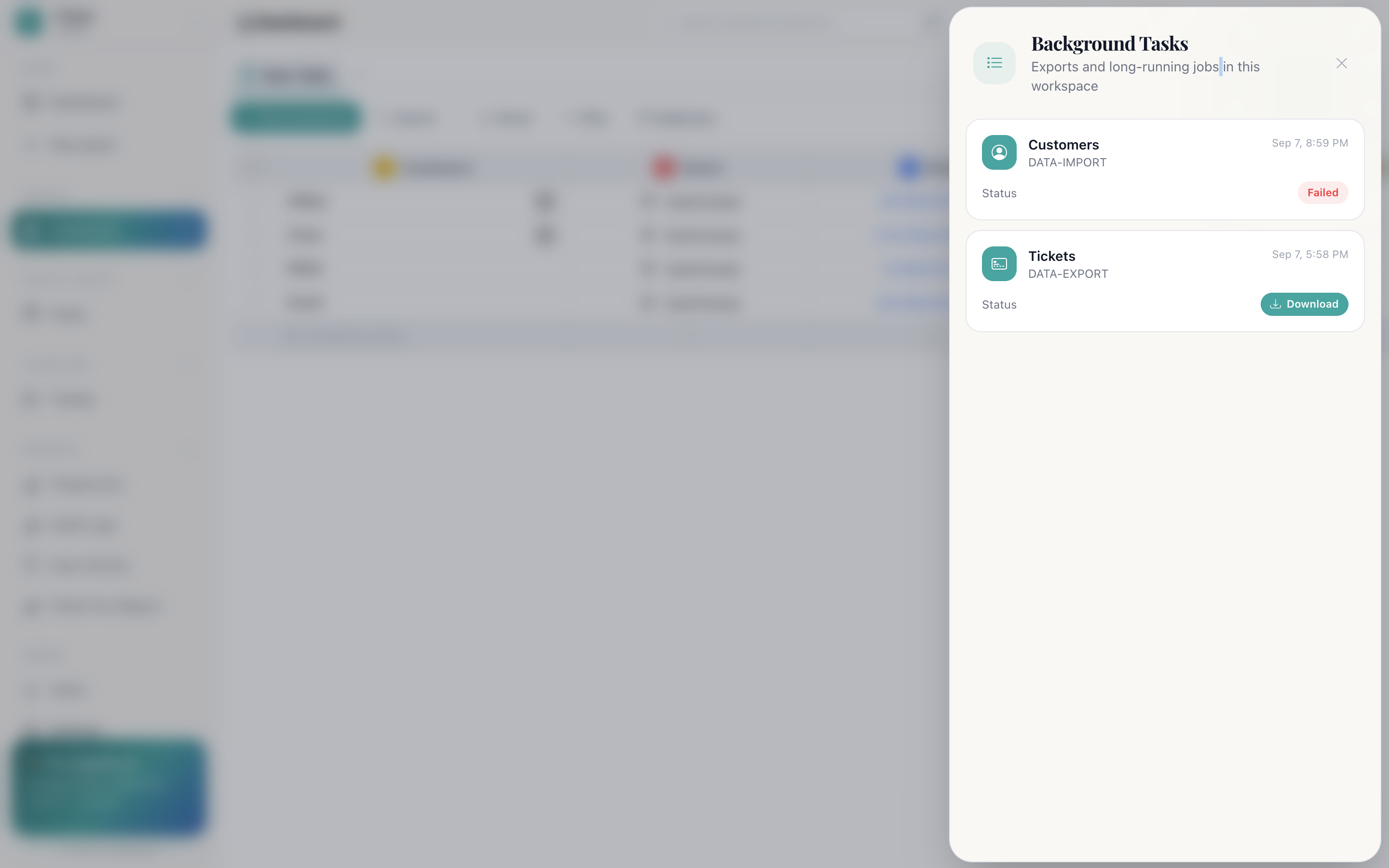 The background tasks panel with one failed export highlighted, showing the job name and its failure status