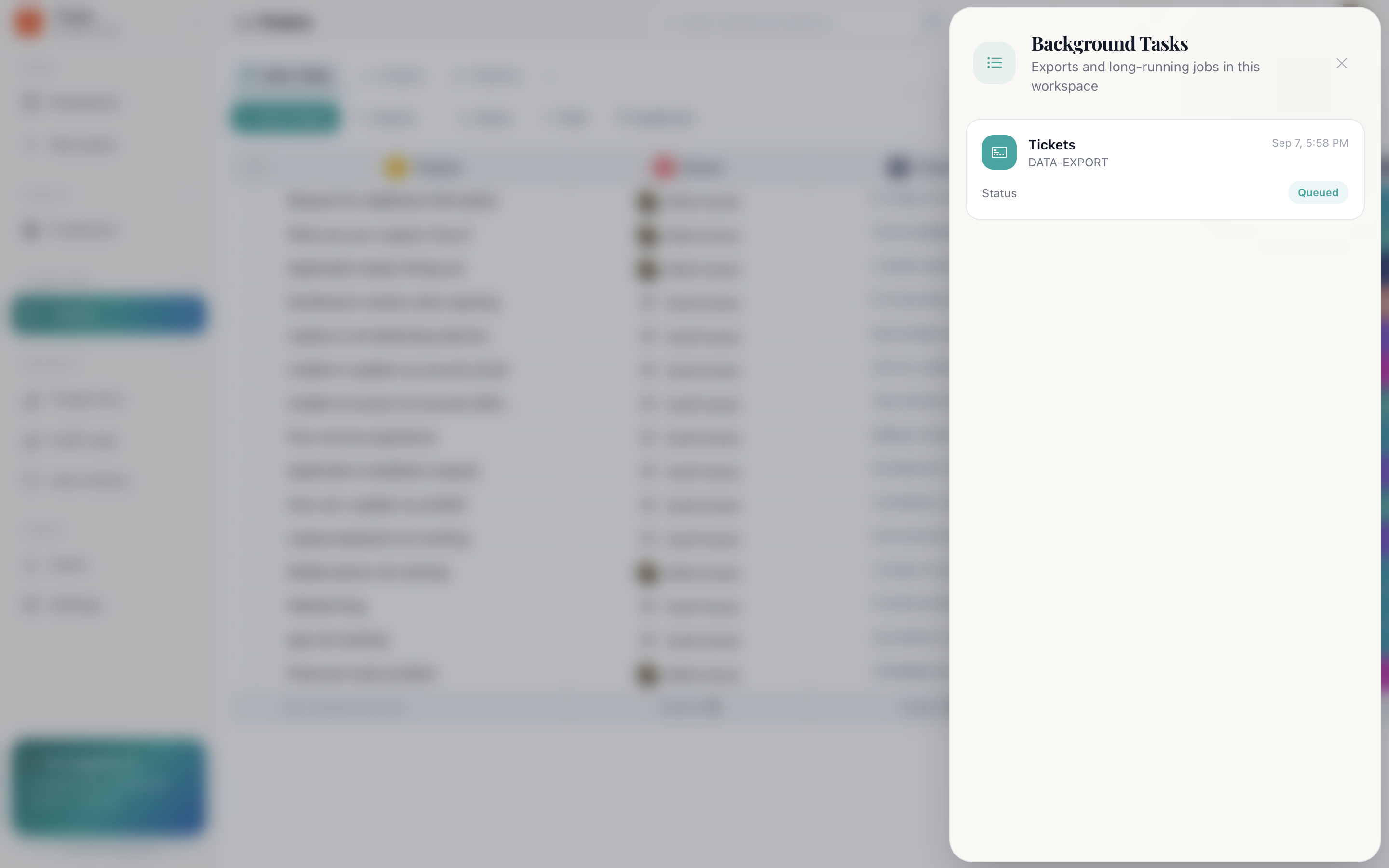 The background tasks panel listing several export jobs with their status badges, one Queued, two Processed and one Failed