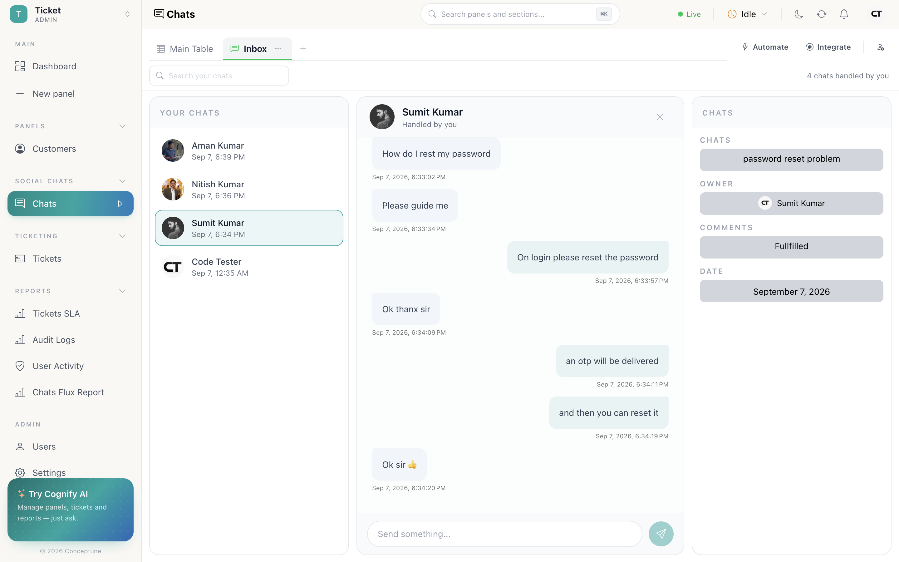 The chat inbox with a conversation list on the left showing unread dots, the selected thread in the middle, and the customer record panel on the right
