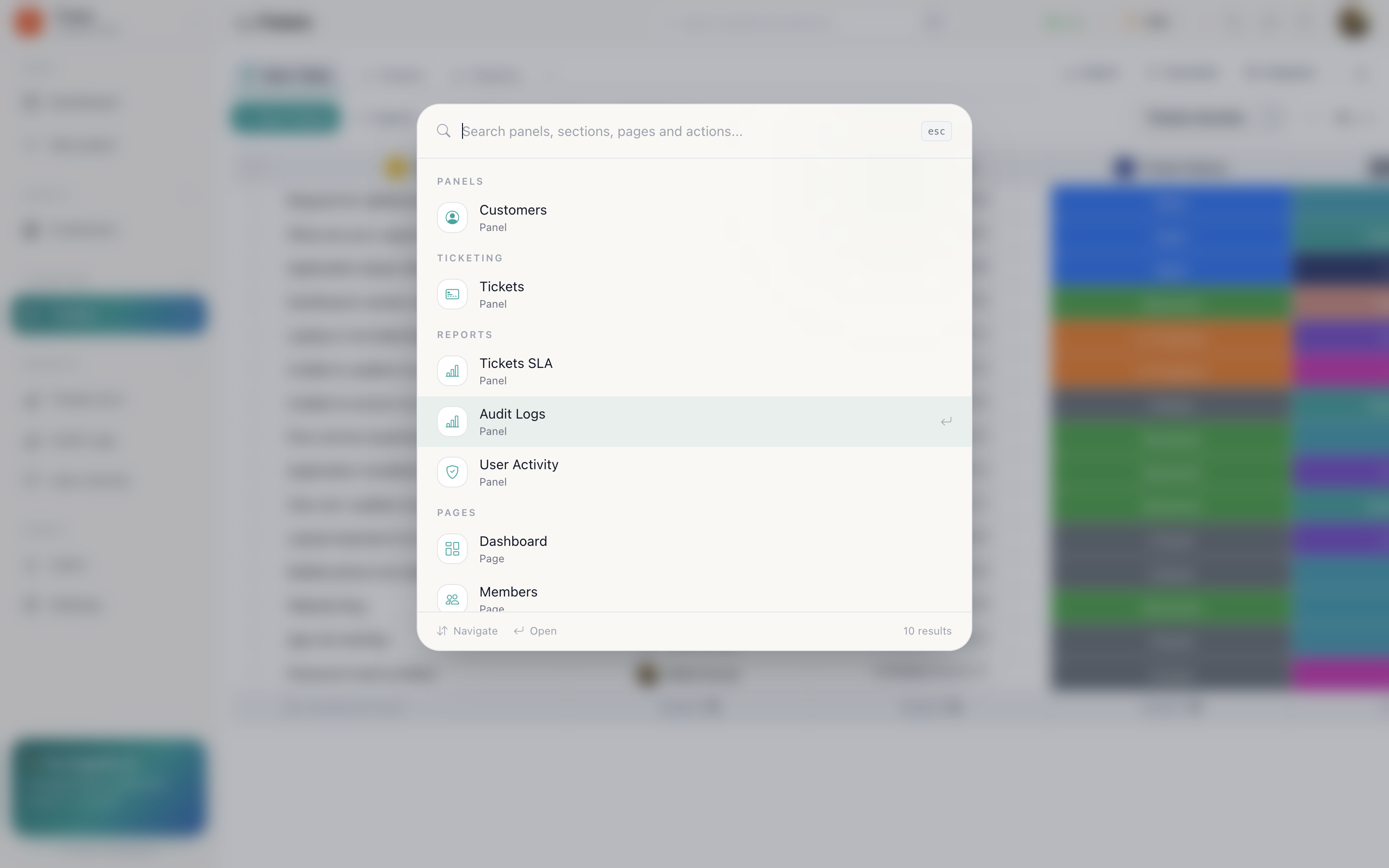 The command search dialog open, showing matching panels, sections and actions grouped under headings, with a Recent list below