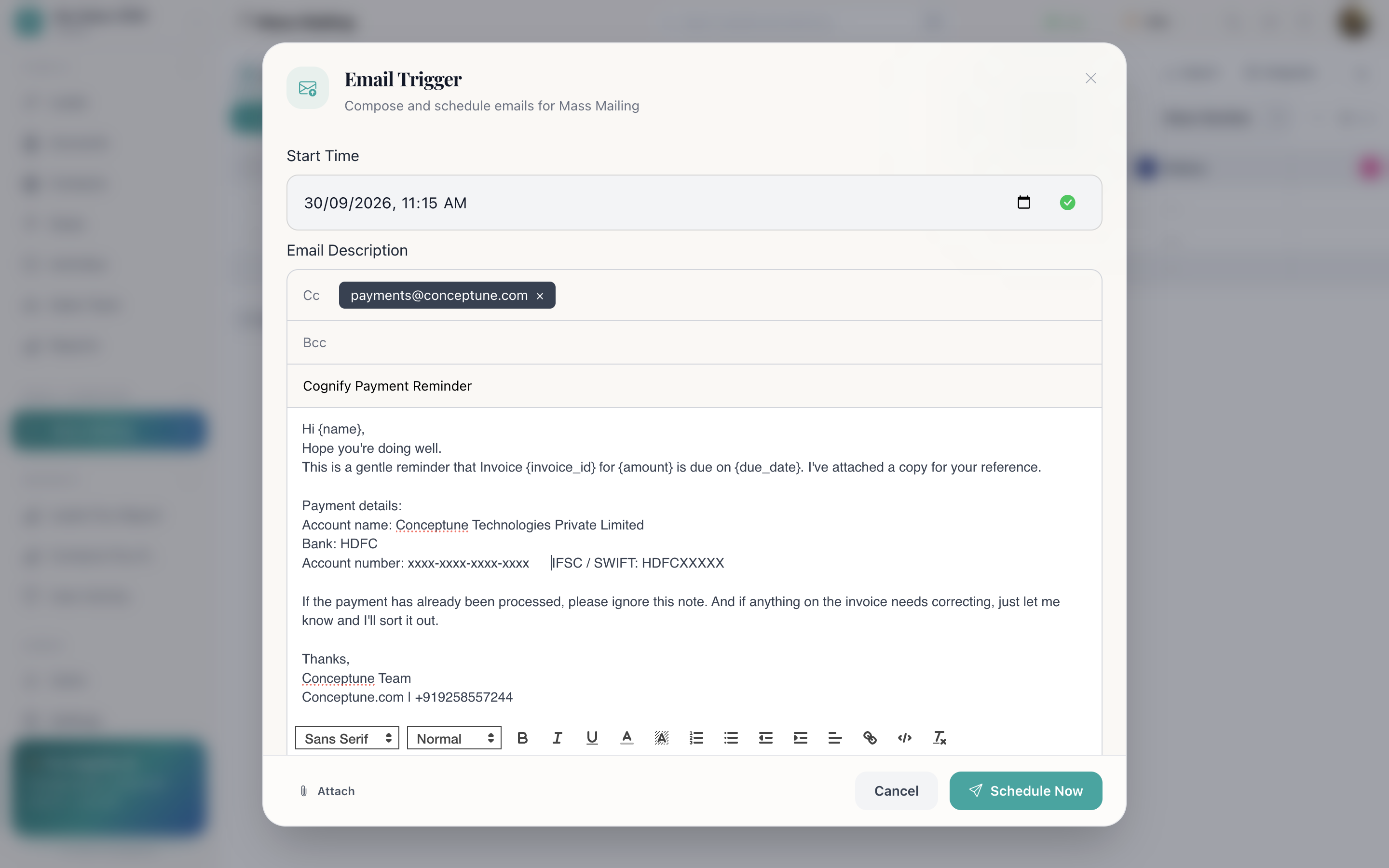 The email campaign composer with subject and body fields, a rich text toolbar, a start time picker and a Schedule Now button