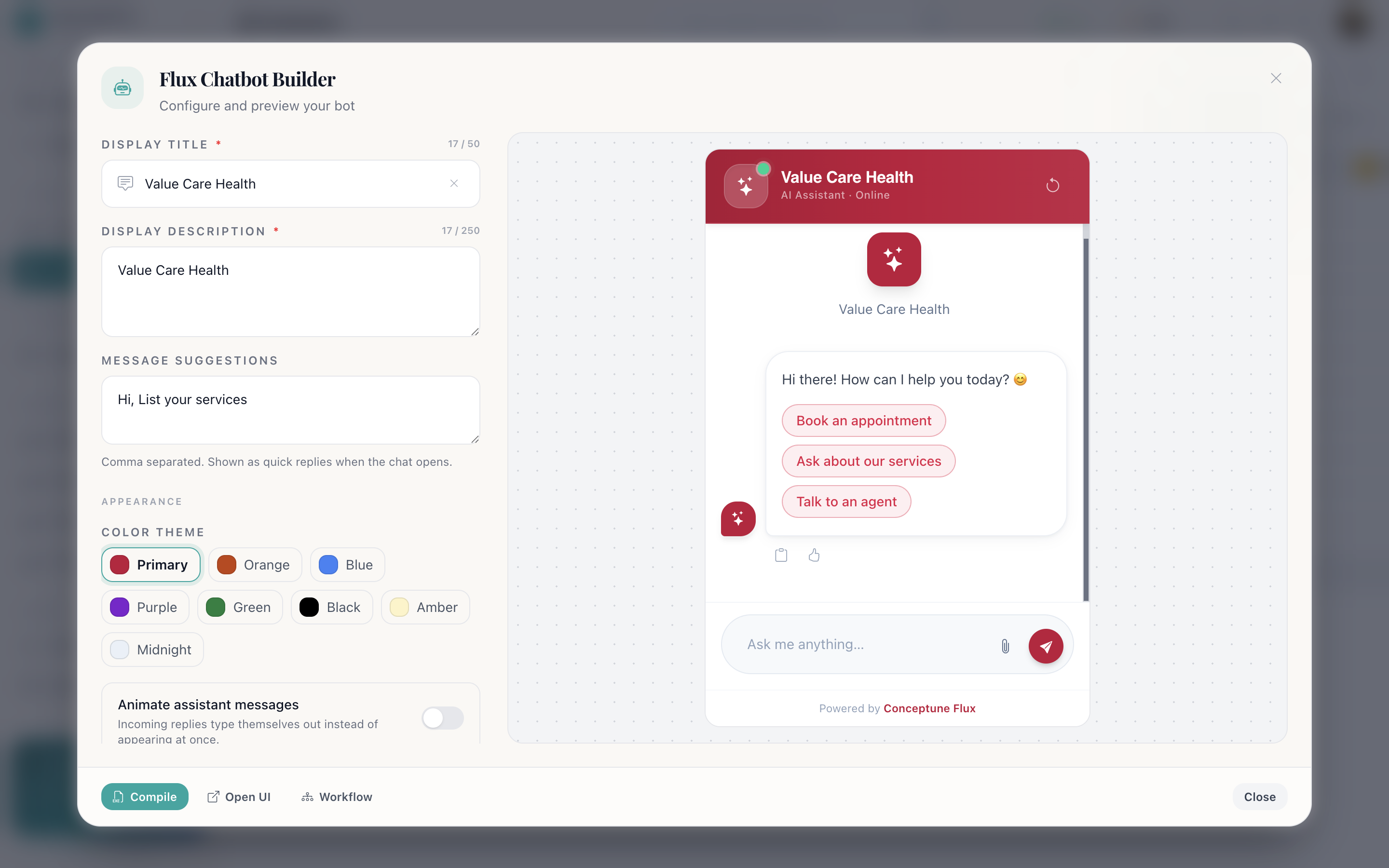 The web chatbot configuration dialog with tabs for identity, appearance, colour theme, data capture and human handoff, and a live preview of the widget on the right