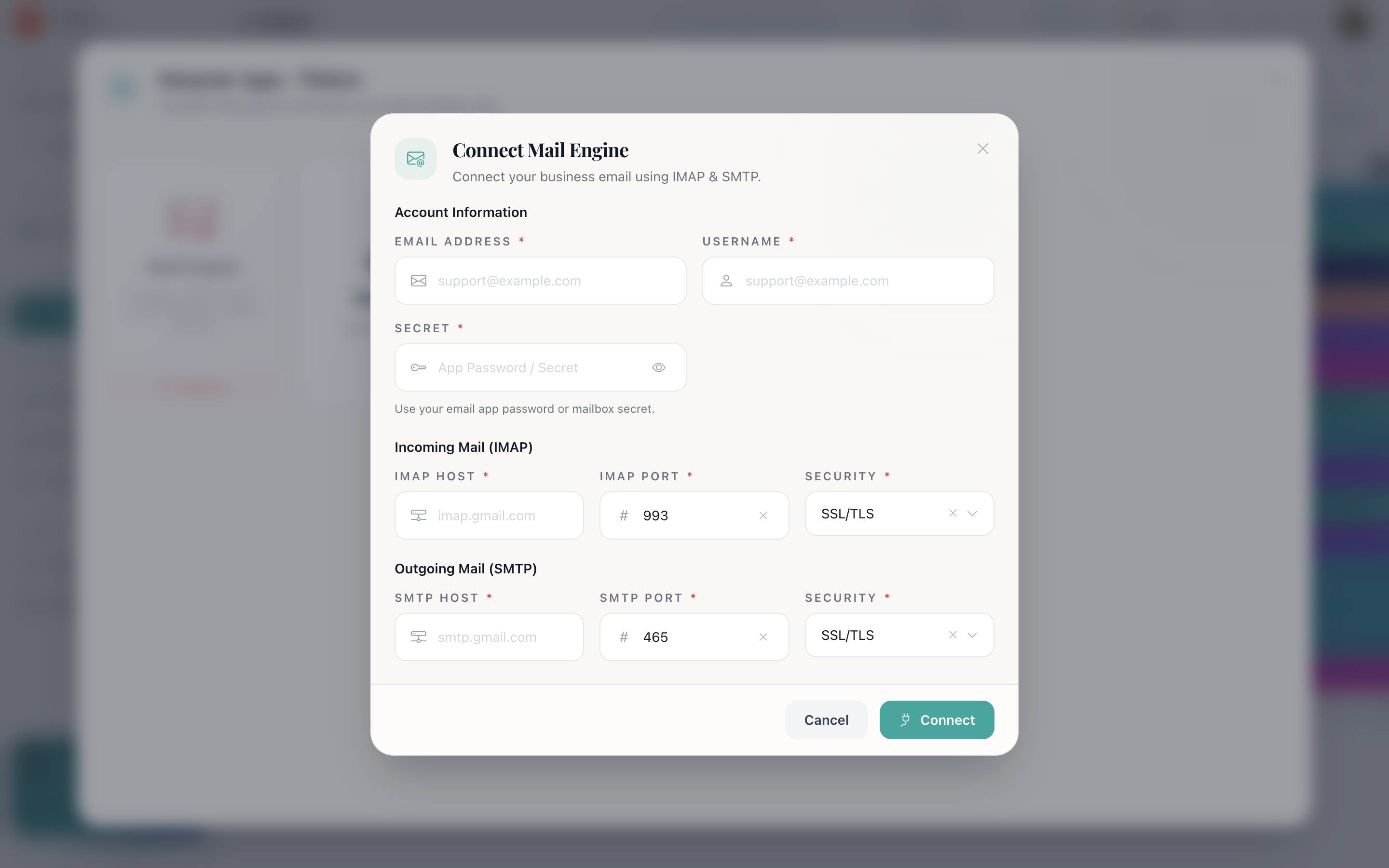 The Mail Engine setup form with separate Incoming Mail IMAP and Outgoing Mail SMTP sections, each with host, port, username and password fields