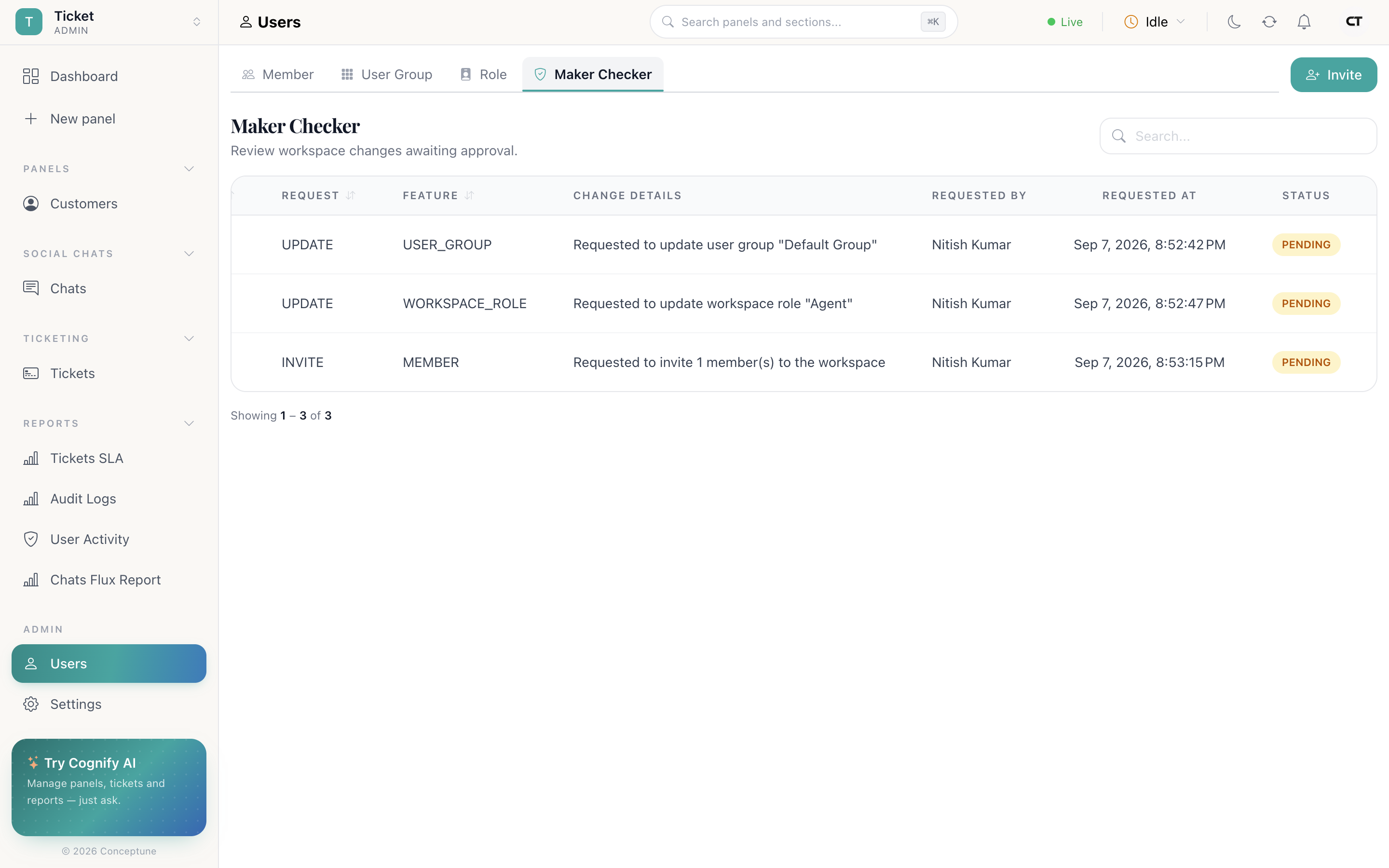 The maker checker queue listing pending requests with the feature, action, requester, timestamp and Approve and Reject buttons