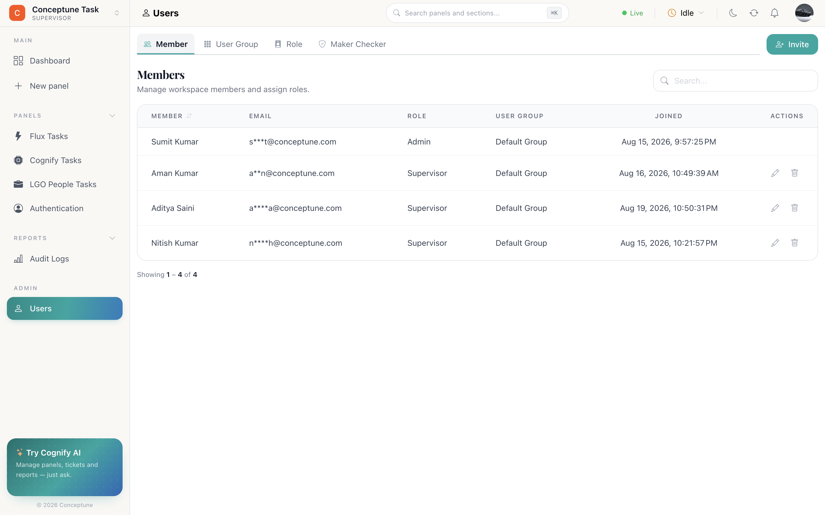 The Users Member tab listing workspace members in a table with email, role, user group and join date columns
