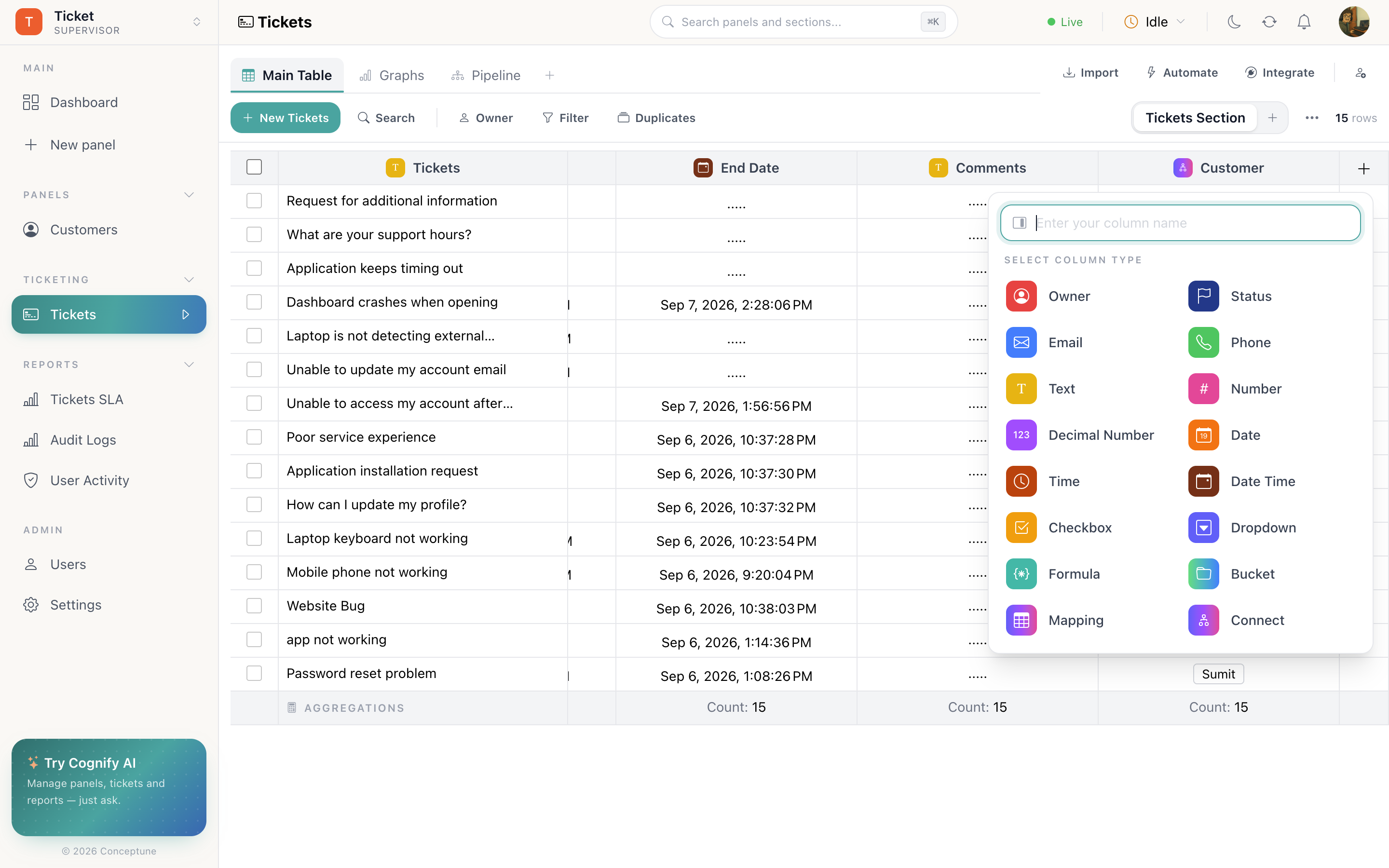 The add-column picker open at the right of the table header, showing the column types as a scrollable list with a coloured icon beside each