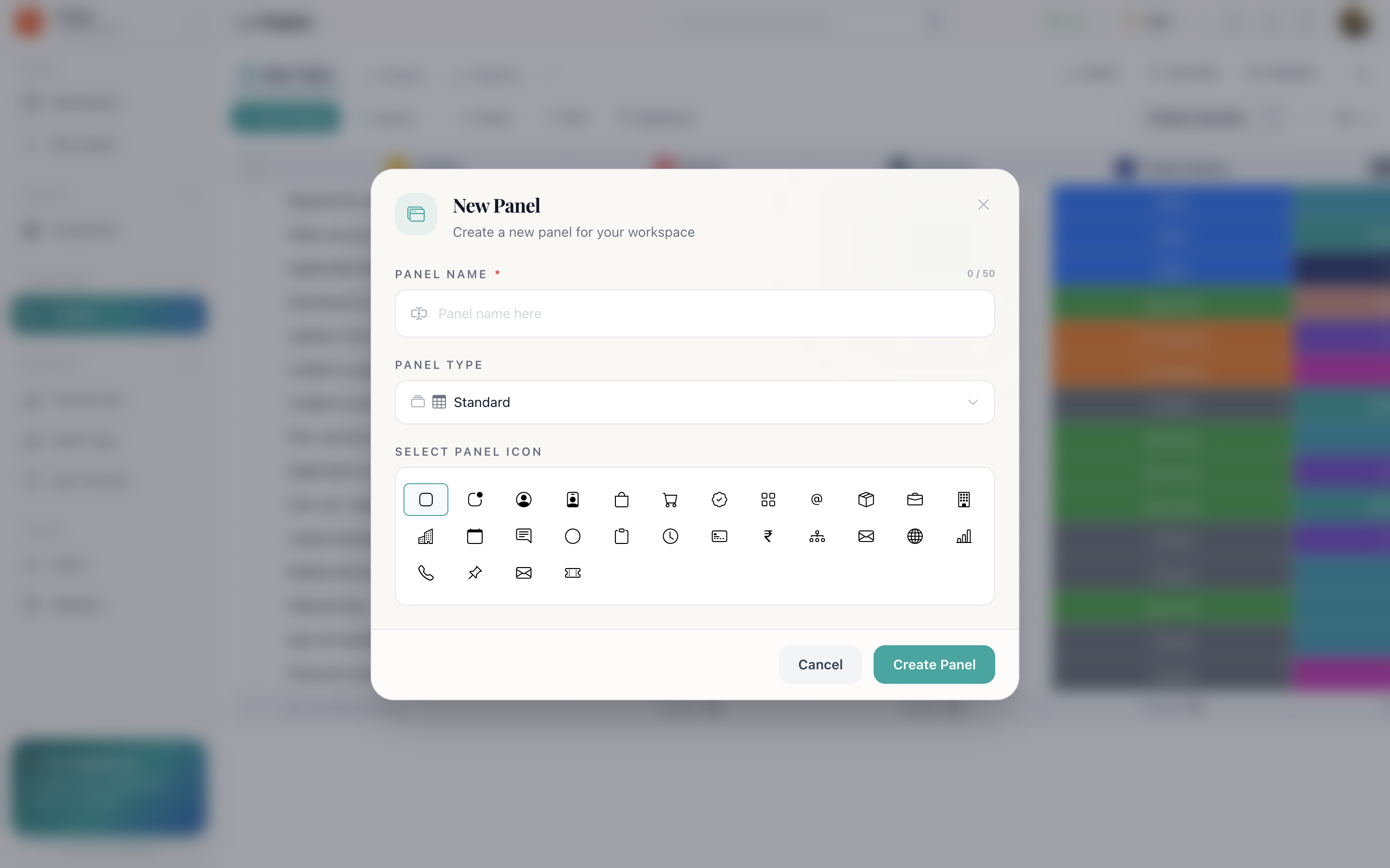 The create panel dialog, showing a name field, a grid of icons to choose from, and the five panel types as selectable cards