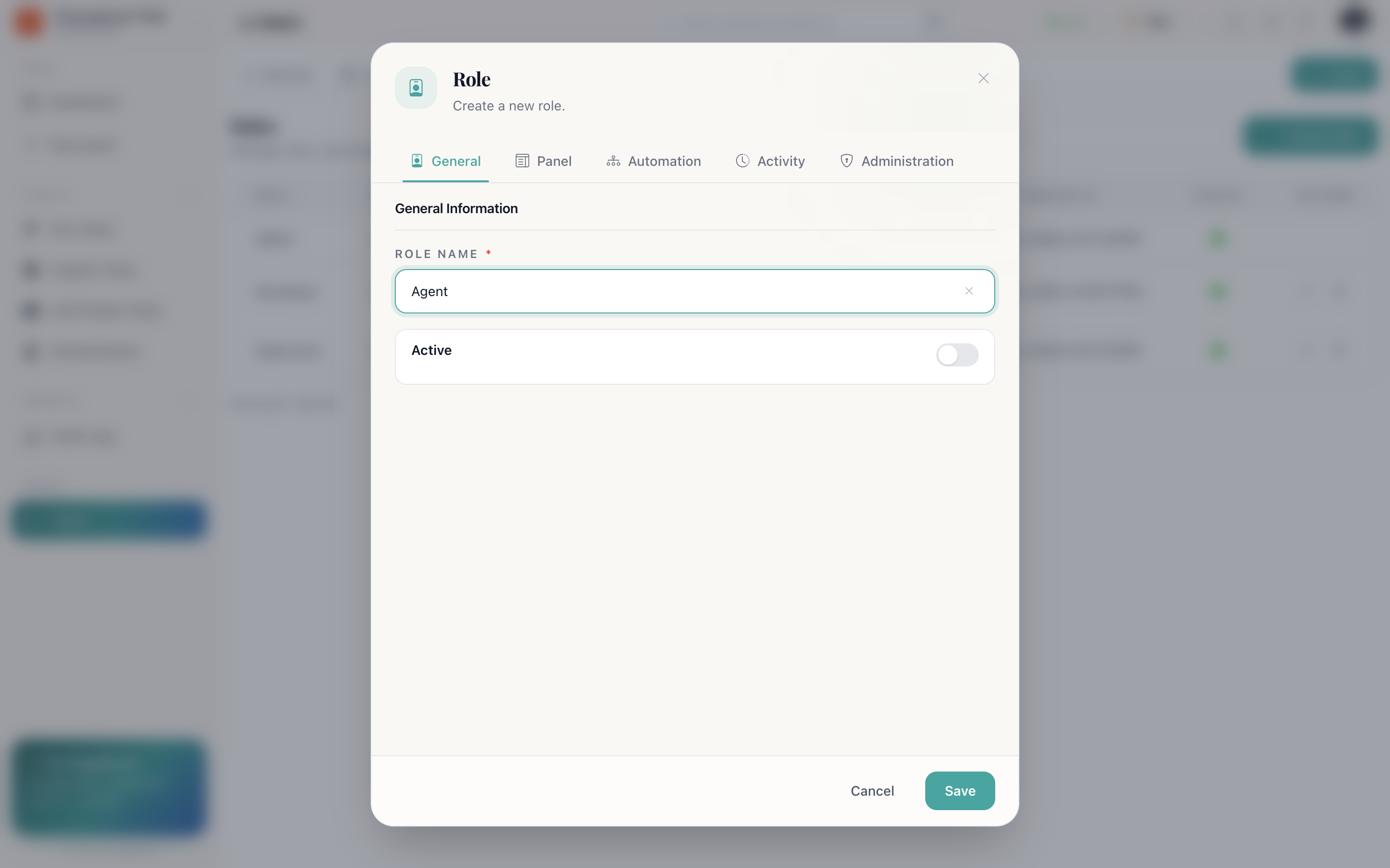 The create role dialog with the role name at the top and permission groups below, each permission a labelled toggle switch