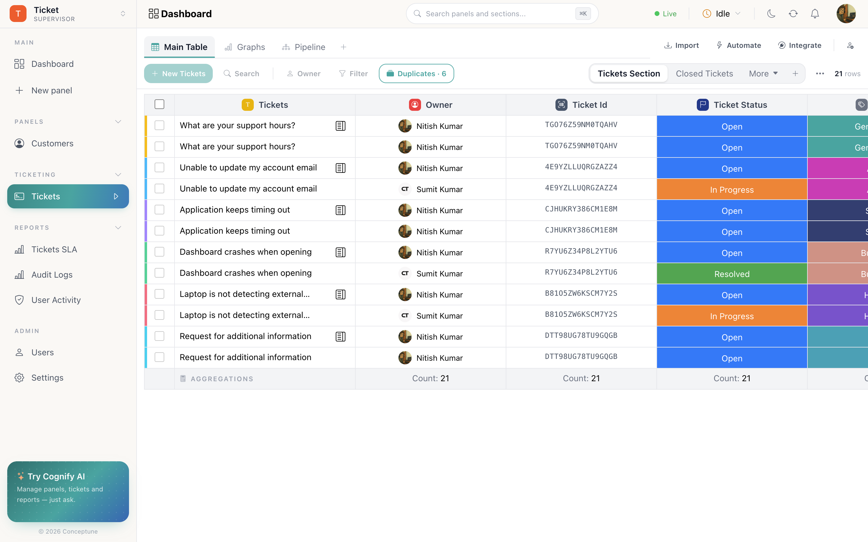 The table in Duplicates mode, with two shaded groups of rows sharing the same email address, and the search and filter buttons visibly disabled