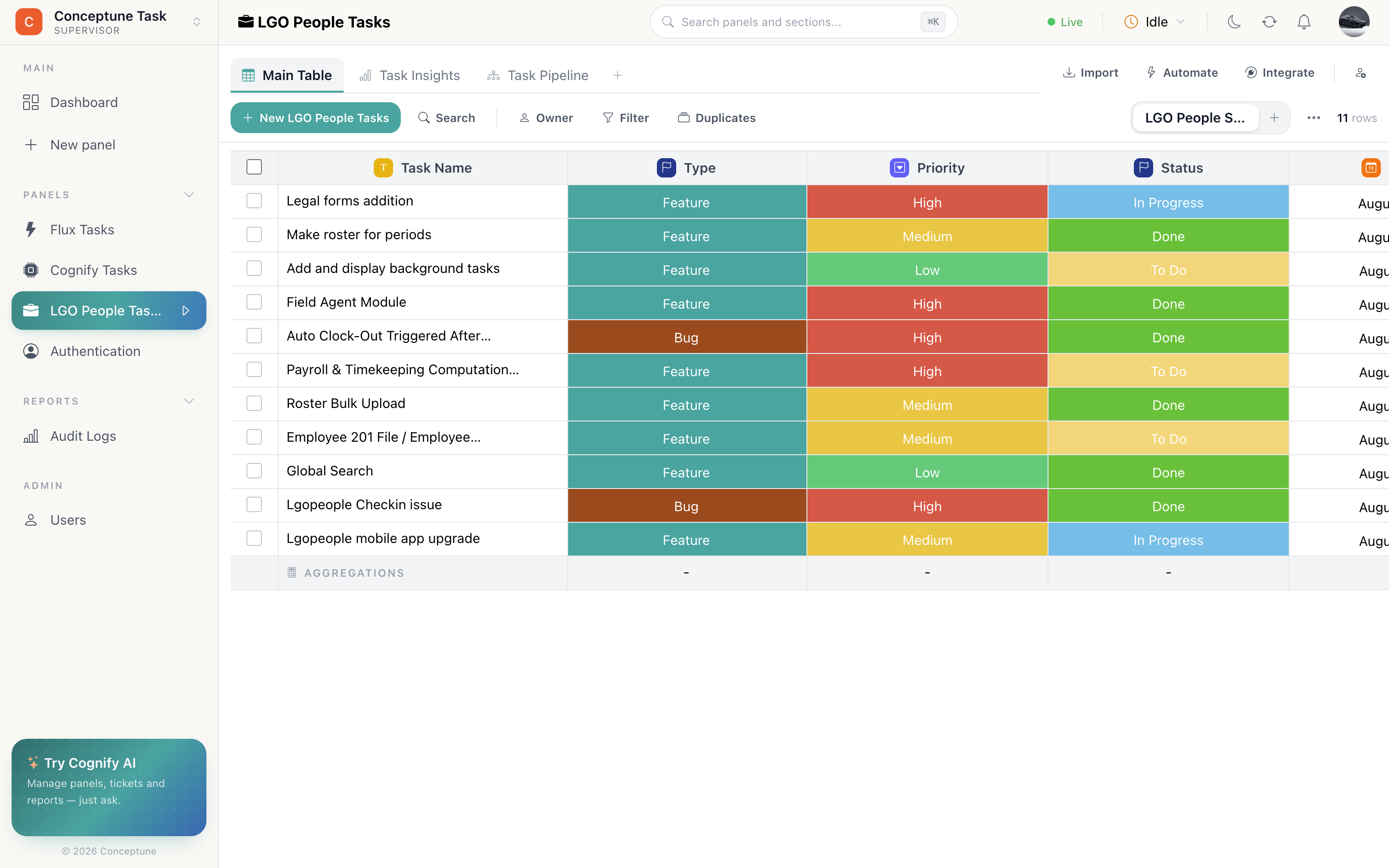 A task board with To do, In progress, In review and Done lanes, cards showing task name, priority chip, due date and owner avatar