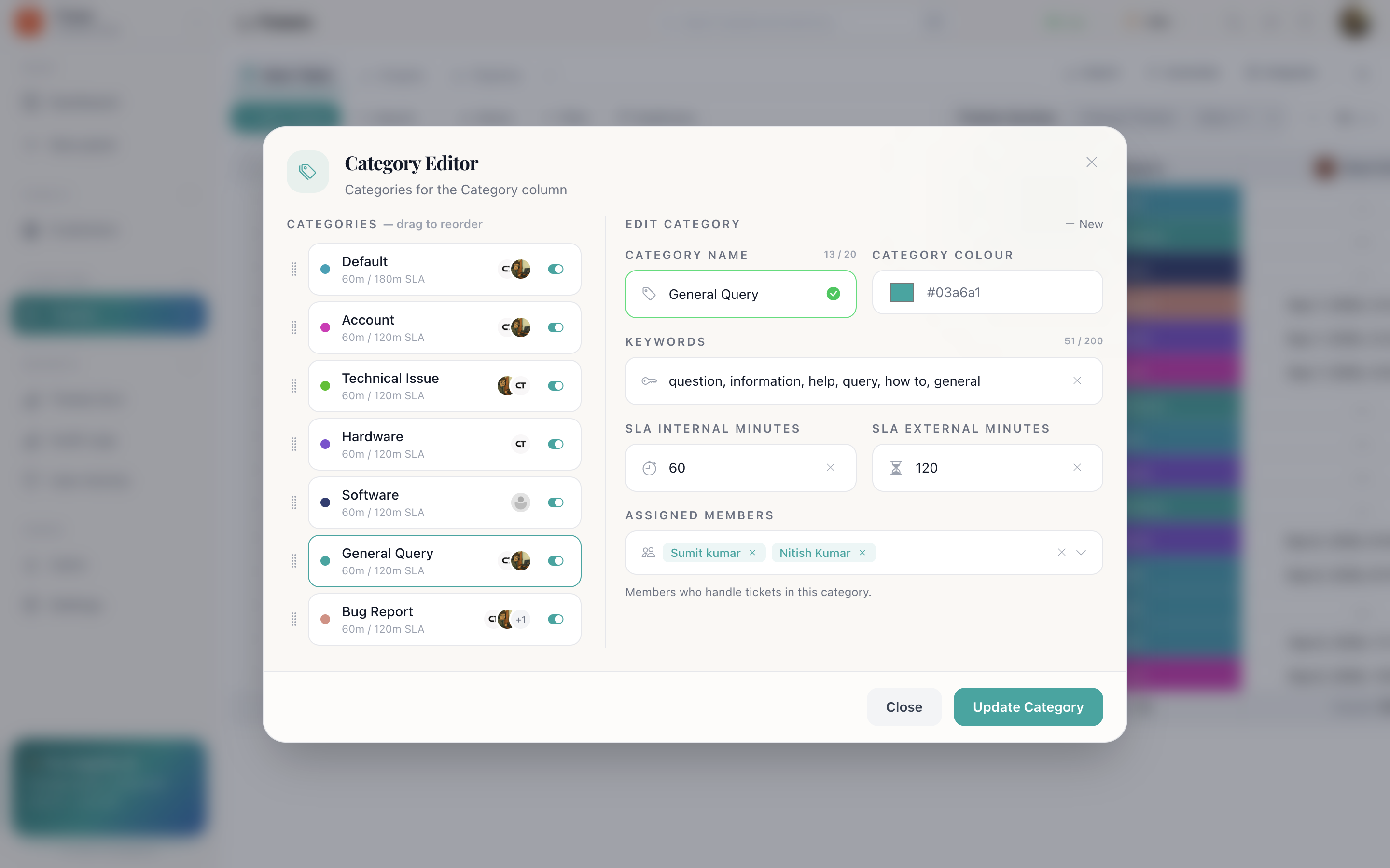 The ticket category editor showing a category with its colour swatch, keyword list, assigned members and two SLA fields in minutes