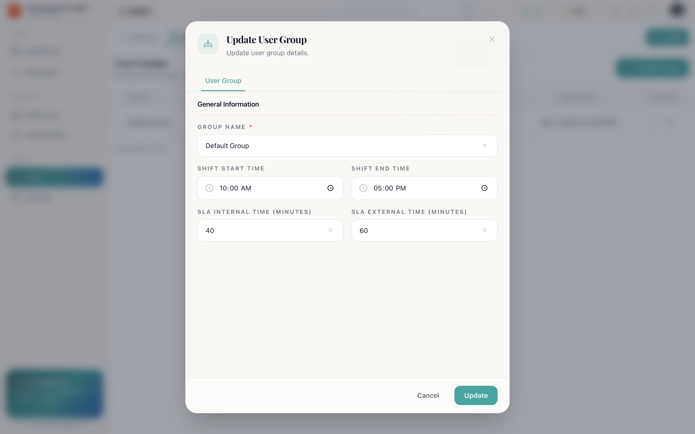 The create user group dialog with group name, shift start and end time pickers, and two SLA fields in minutes