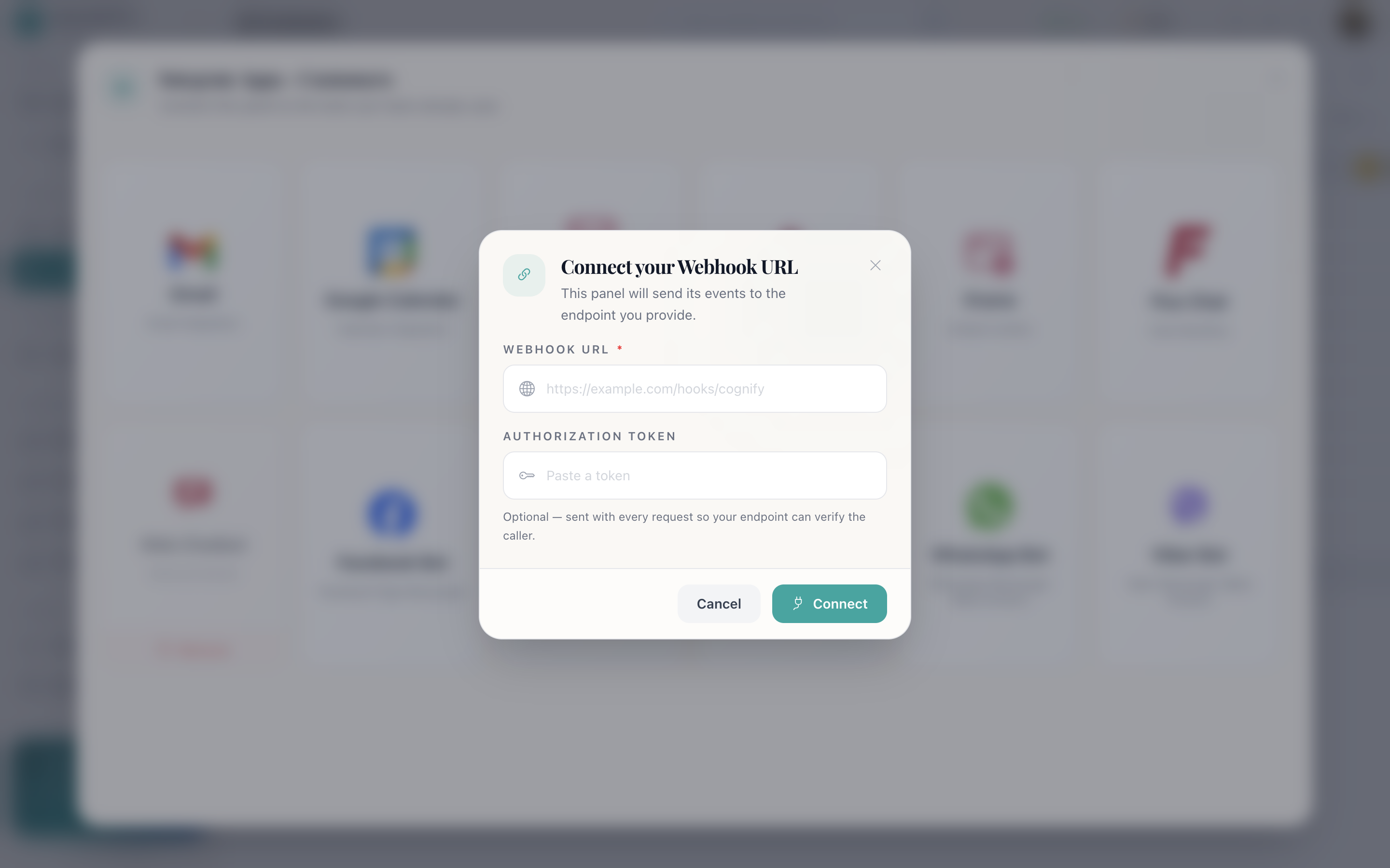 The webhook registration dialog with a webhook URL field and an optional auth token field