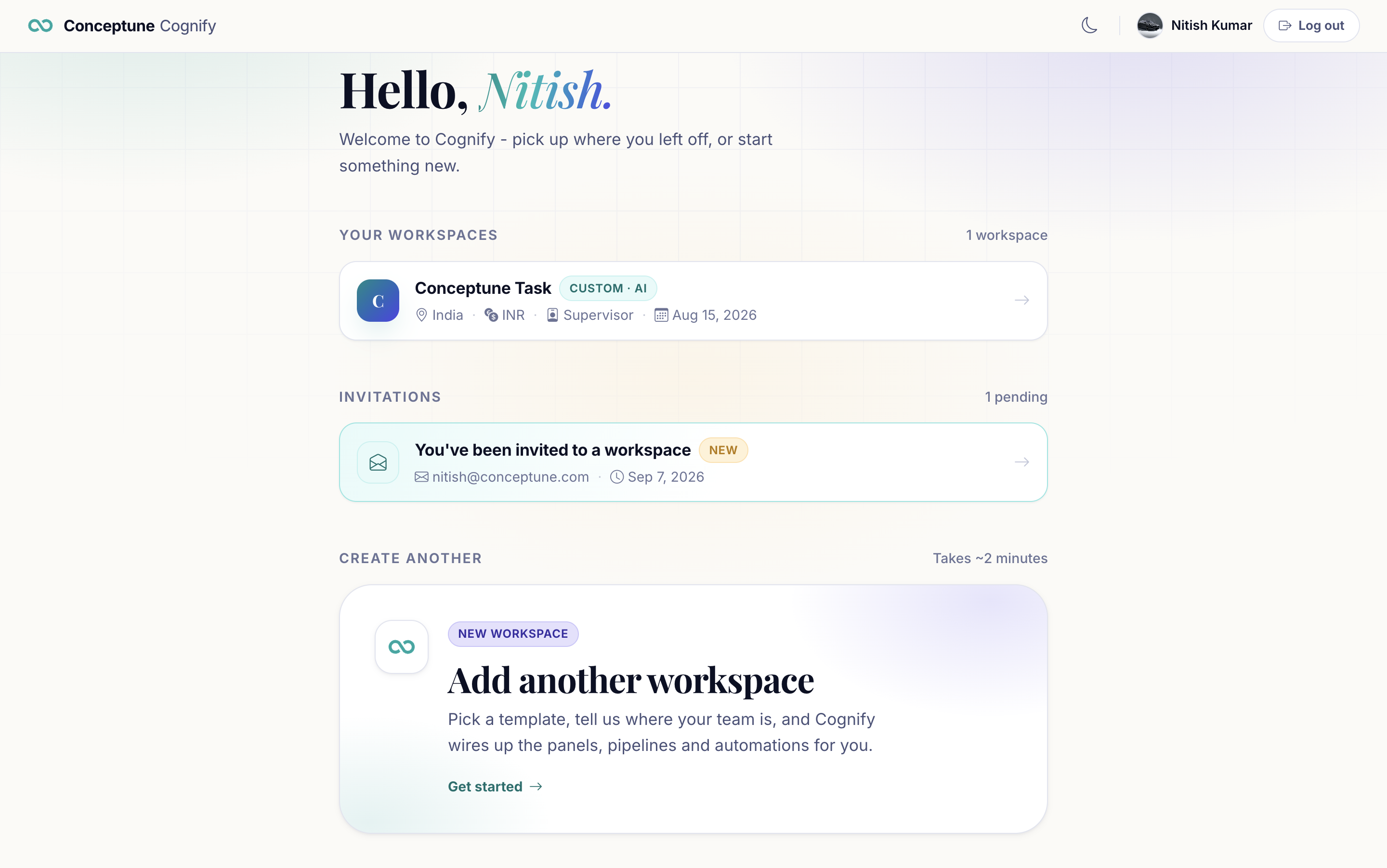 The workspace picker listing two existing workspaces and one pending invitation, with a New workspace button