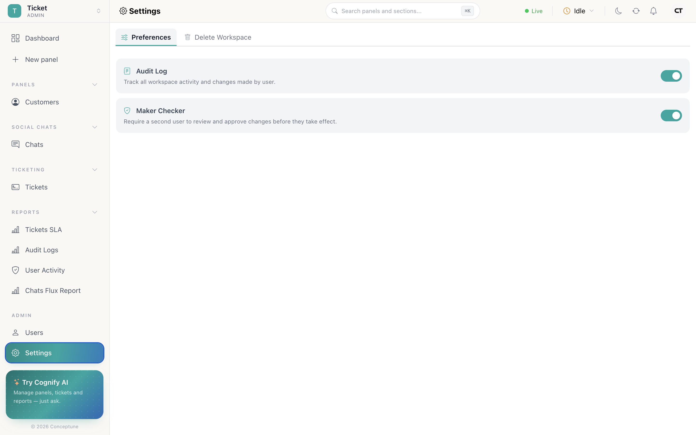 The Settings Preferences page with two labelled toggle switches for Audit Log and Maker Checker, each with a short description
