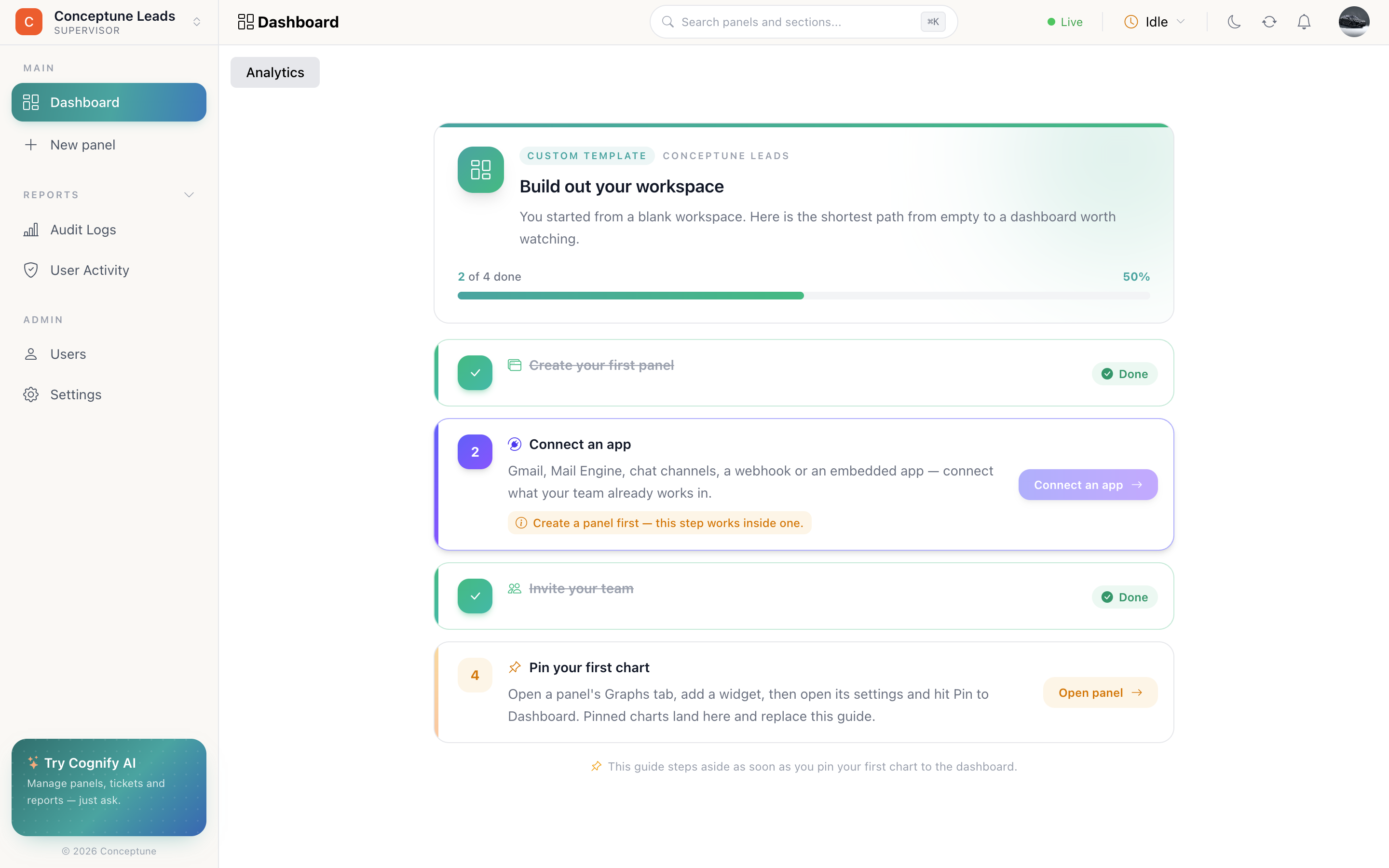 The dashboard setup guide with four steps, two ticked off, and a short description under each
